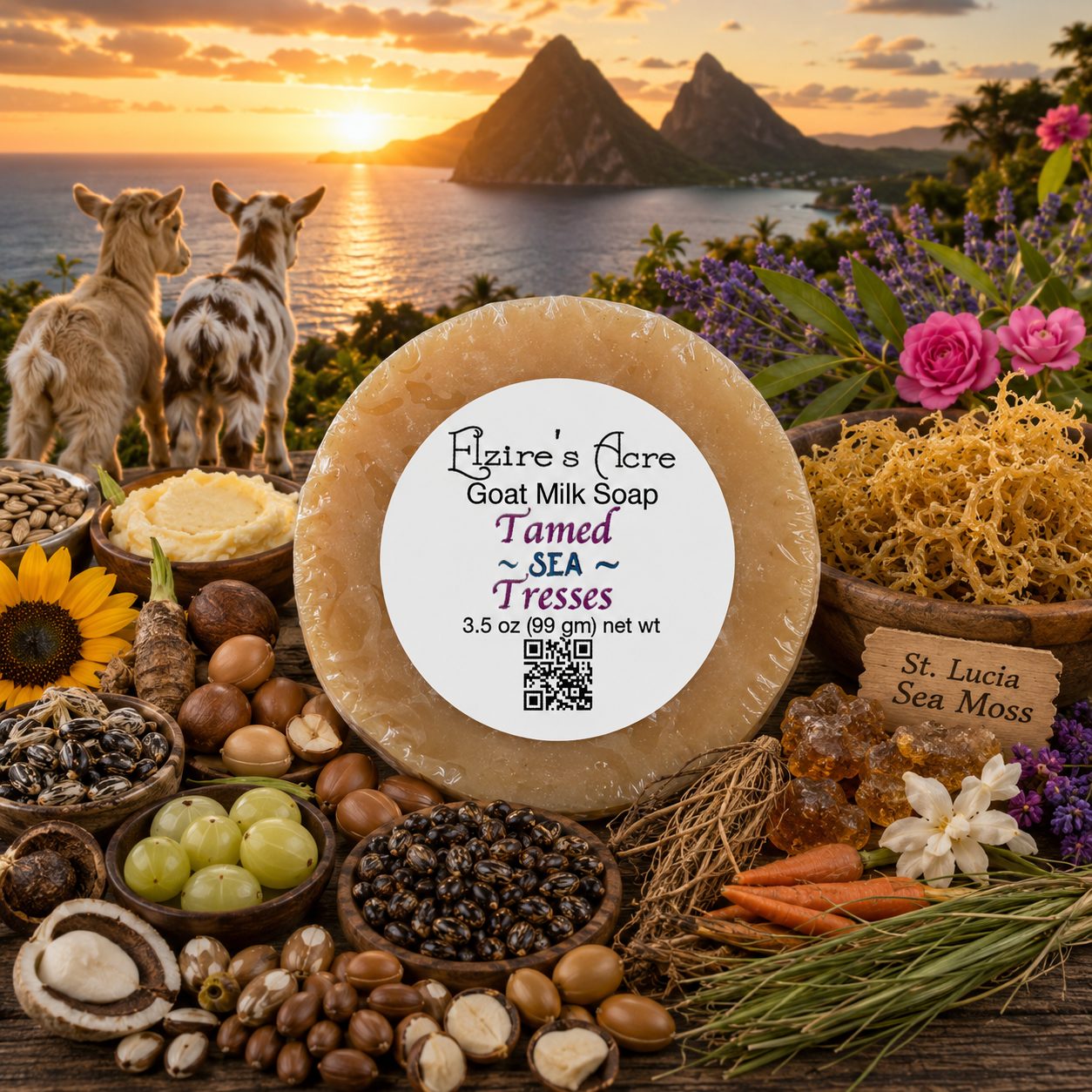 Tamed Sea Tresses Handmade Goat Milk Soap with St. Lucia sea moss, argan oil, and hair, shave, and body benefits